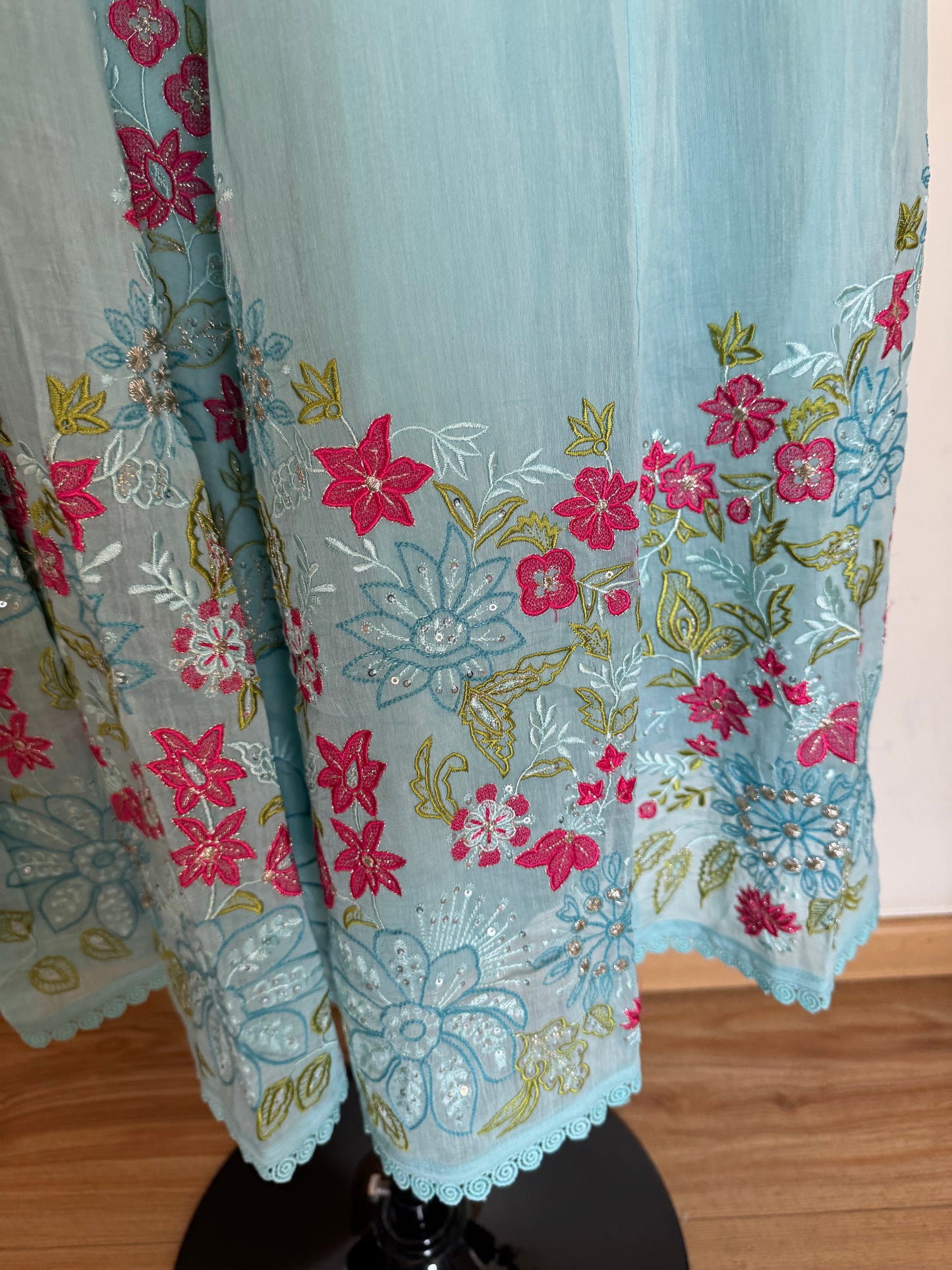 sky blue elegant mul chanderi anarkali suit set with floral embroidery