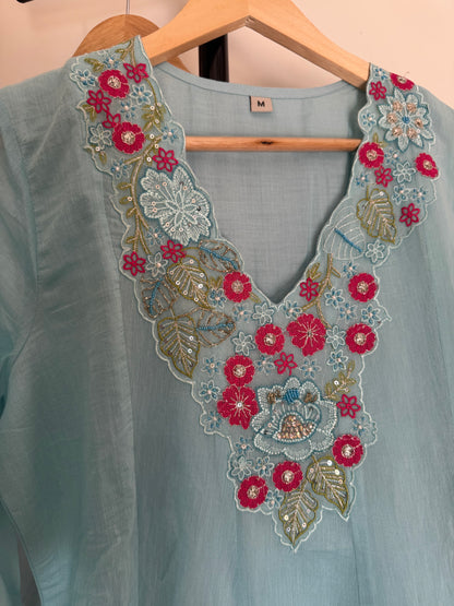 Sky Blue Elegant Mul Chanderi Anarkali suit set with Floral Embroidery