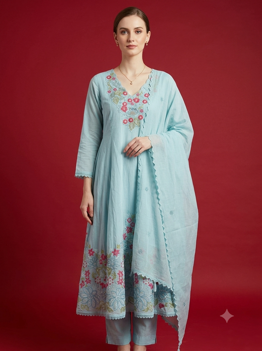 Sky Blue Elegant Mul Chanderi Anarkali suit set with Floral Embroidery