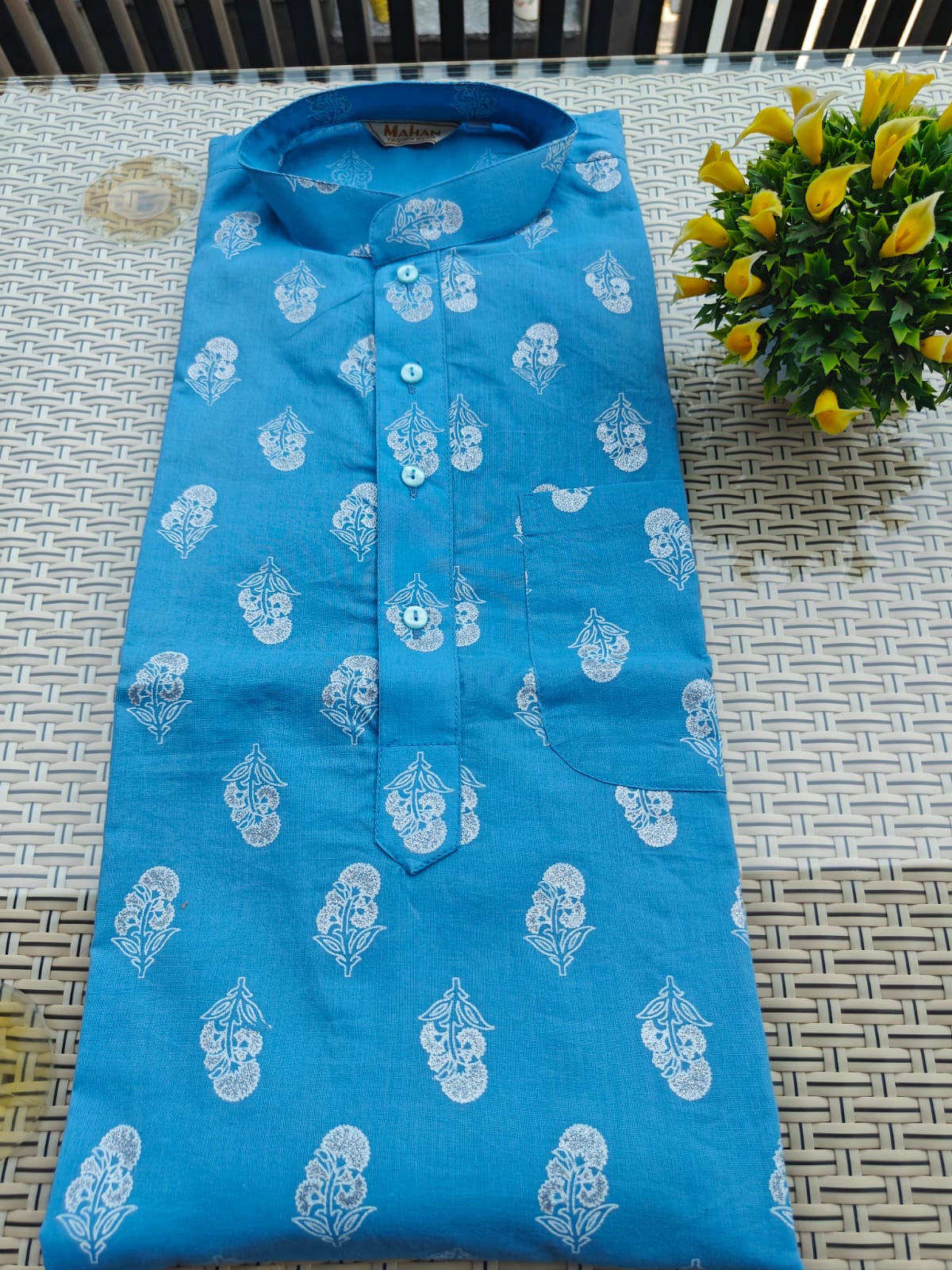 light blue, block print, cotton  kurta