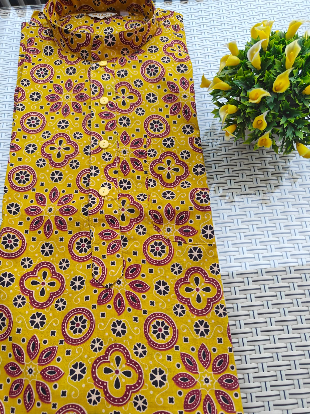 yellow, ajrakh print, cotton,  kurta