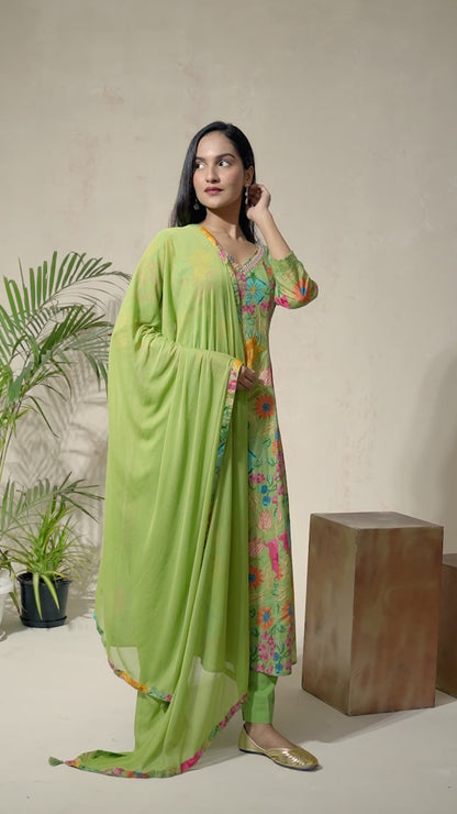 Parrot Green, Mirror Work, Anarkali, Floral Printed, Mirror Work, Cotton Suit