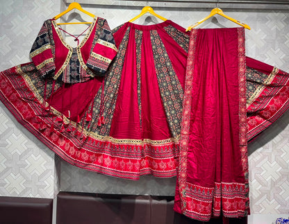 Crimson & Midnight Ajrakh-Print Garba Chaniya Choli Set