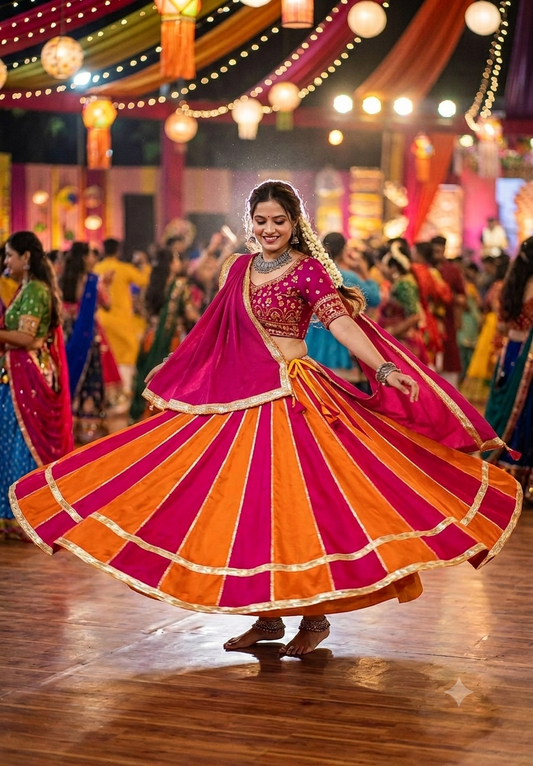 Dual-Tone Orange and Magenta Roman Silk 48 Kali Garba Skirt