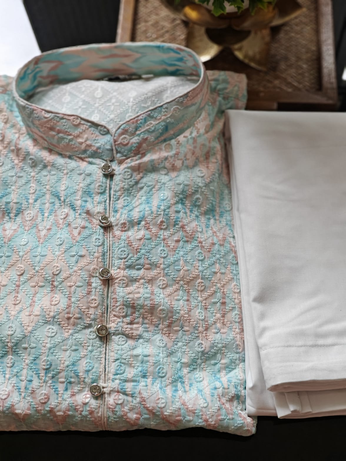 pastel shades, chikankari embroidery with rainbow sequins highlights, cotton kurta pajama set