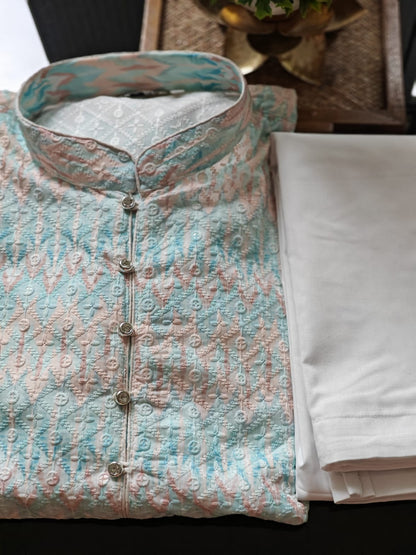 Pastel Shades, Chikankari Embroidery with rainbow Sequins Highlights, Cotton Kurta Pajama Set