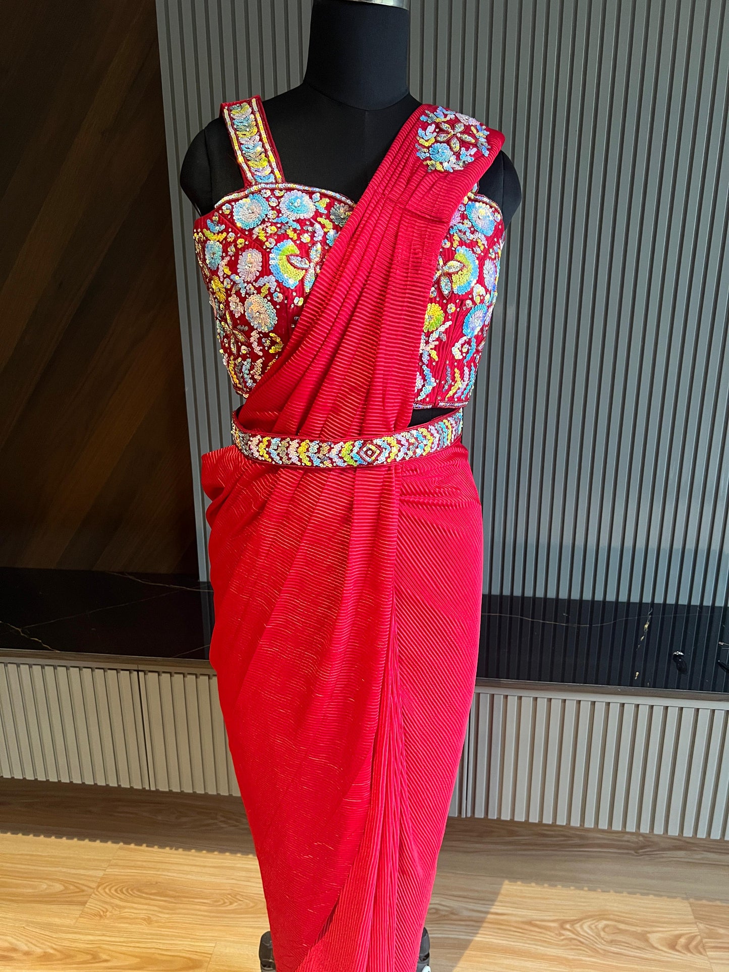 red, floral multicolor sequins hand embroidered blouse, lycra,pre-draped saree