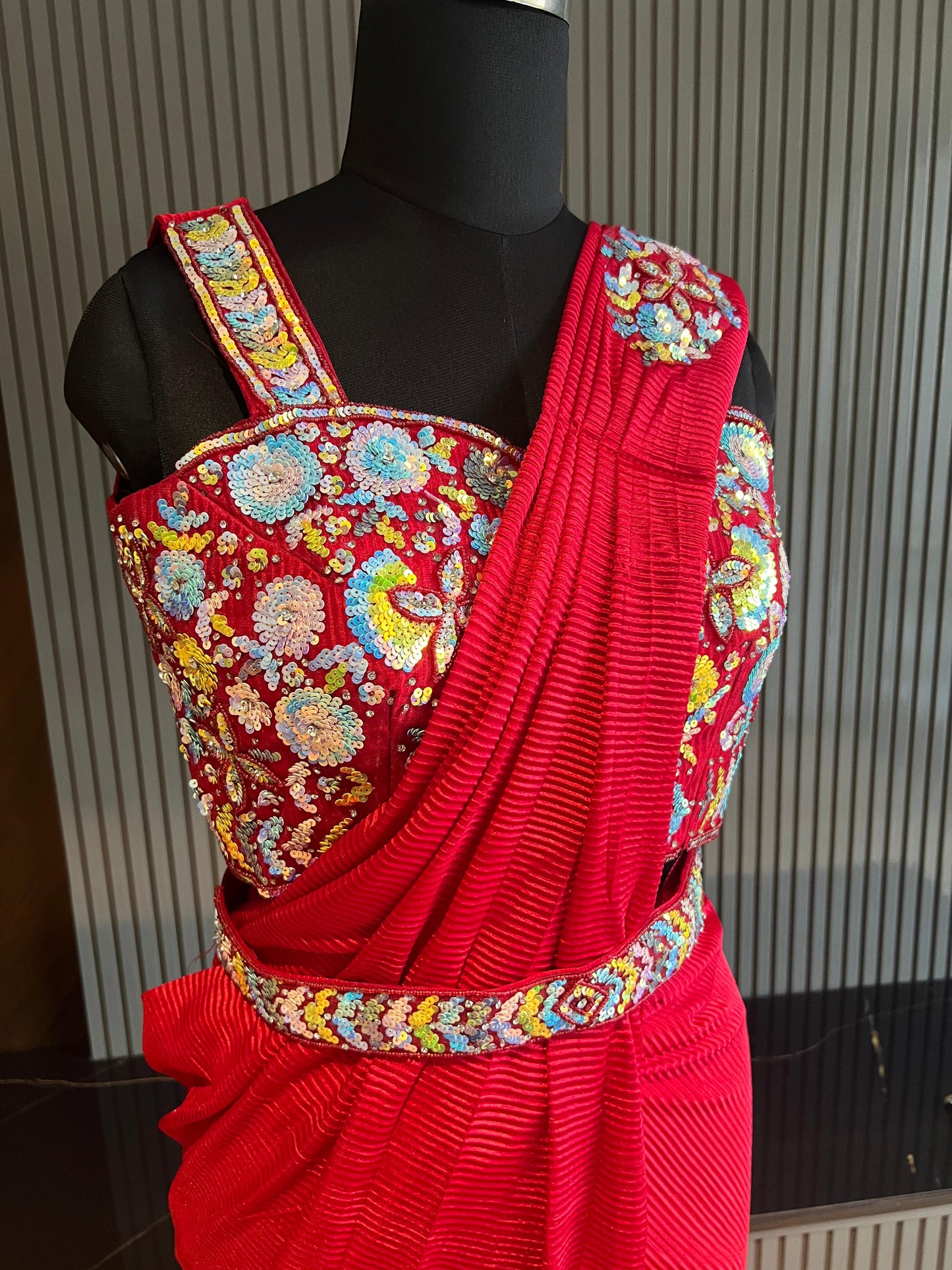 red, floral multicolor sequins hand embroidered blouse, lycra,pre-draped saree