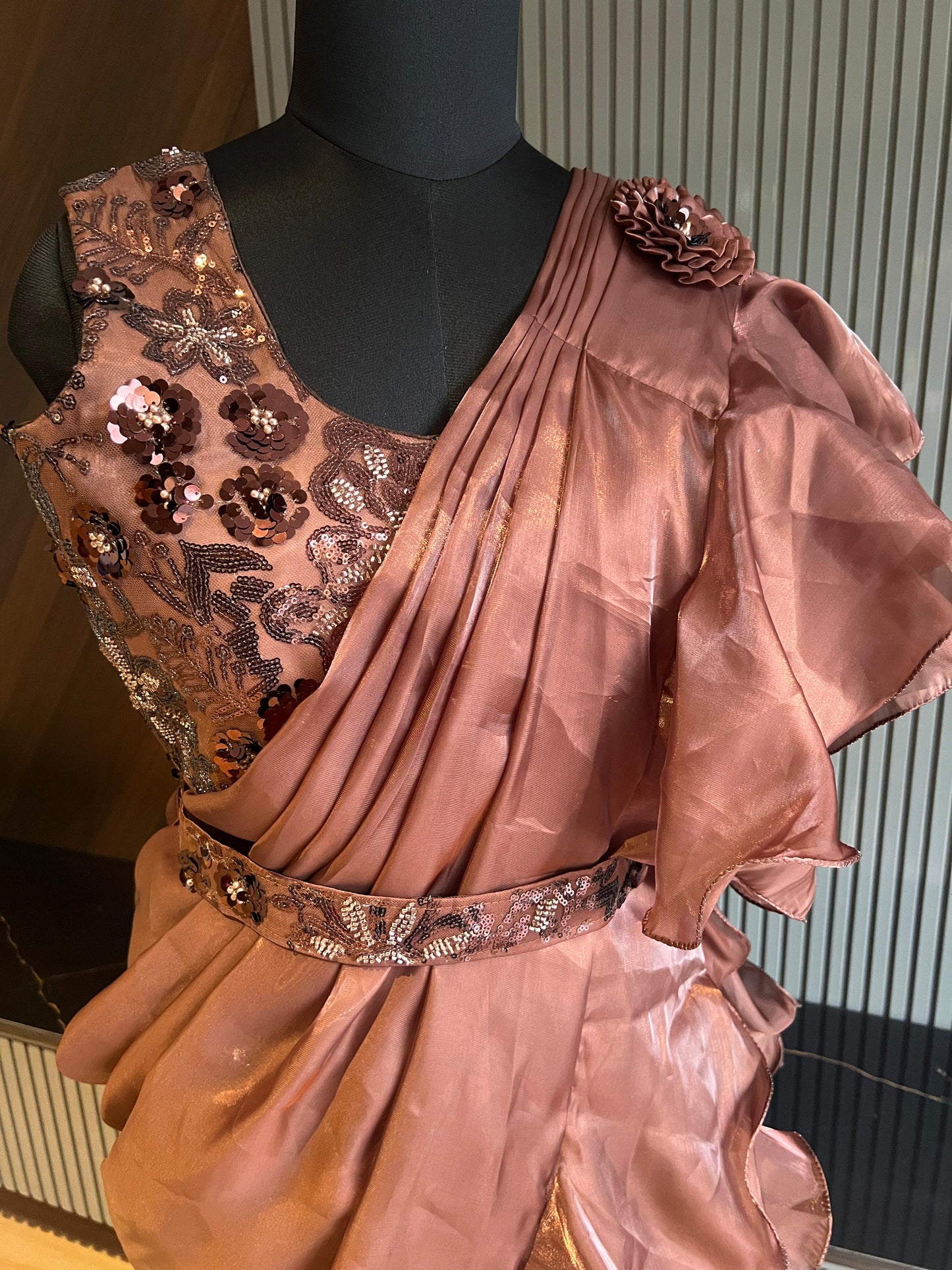 brown, ruffle,  sequins embroidered blouse, satin, pre-draped saree