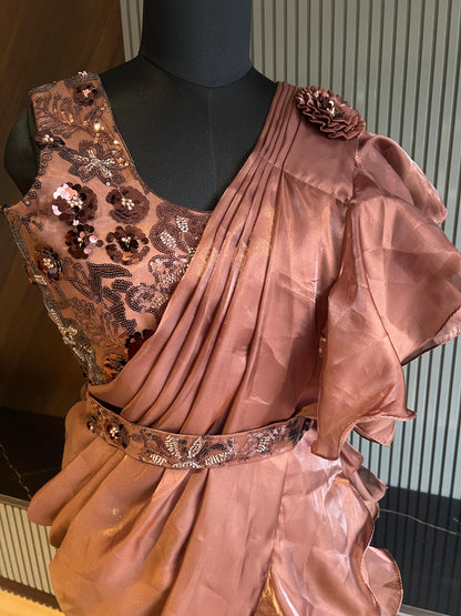 Brown, Ruffle,  Sequins Embroidered Blouse, Satin, Pre-draped saree