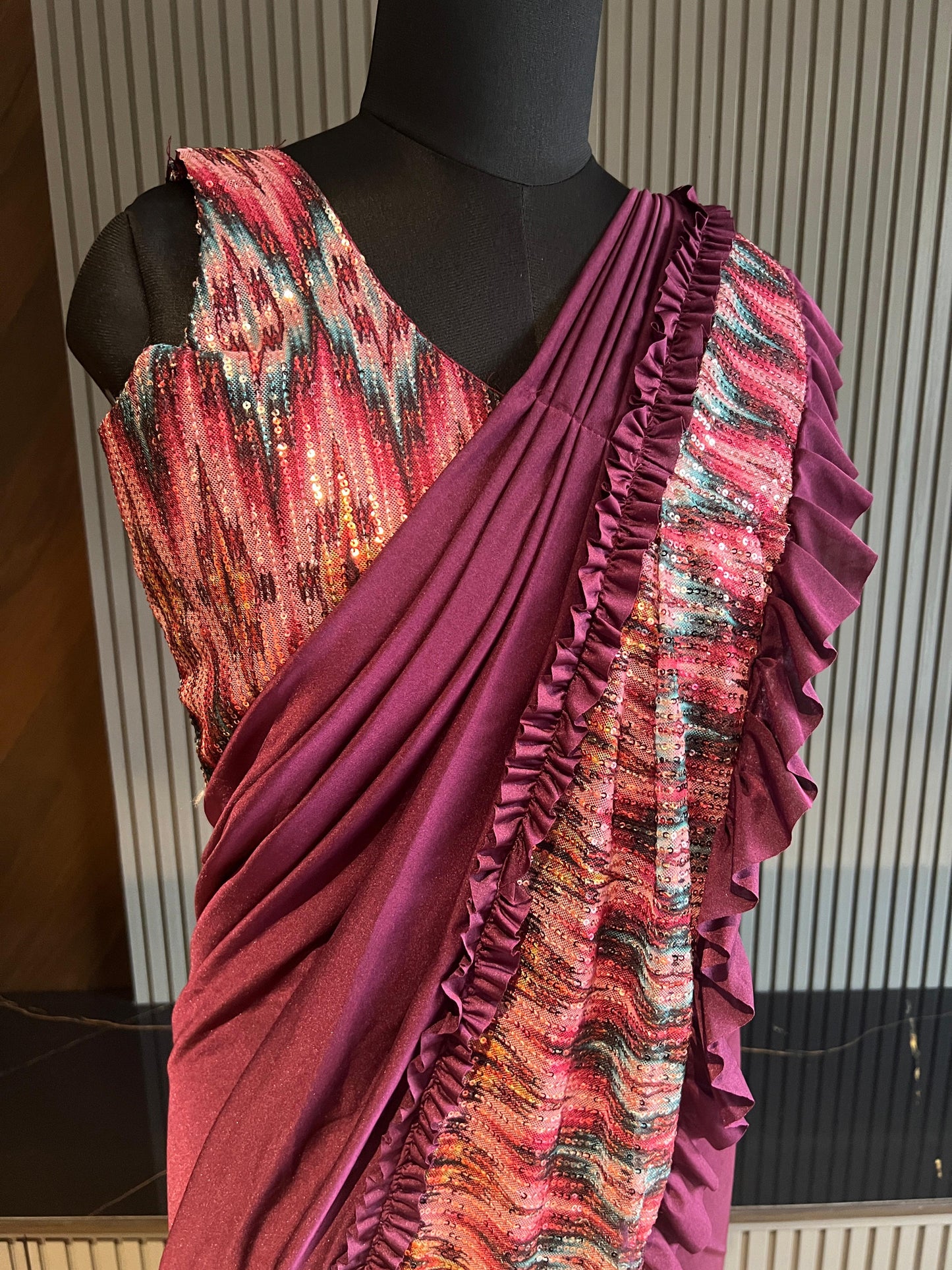 purple, ruffled pattern, ikat weave border, lycra ,pre-draped saree