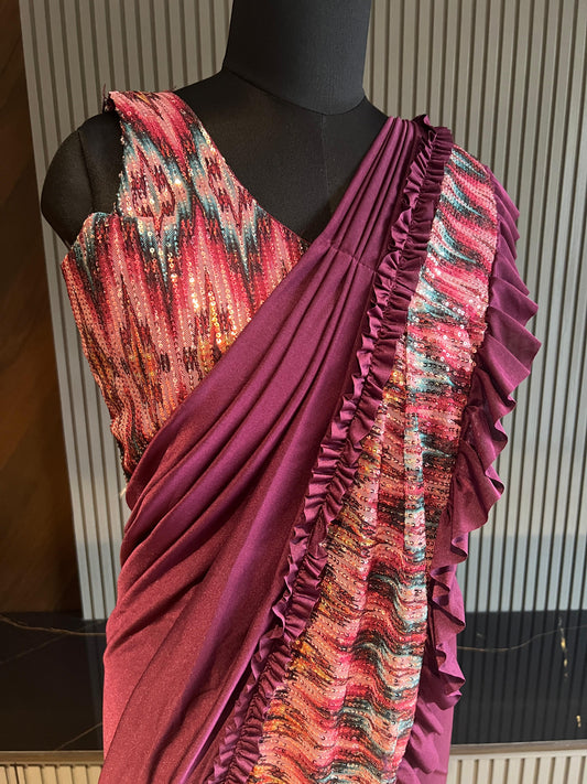 Purple, Ruffled Pattern, Ikat weave border, Lycra ,Pre-draped saree