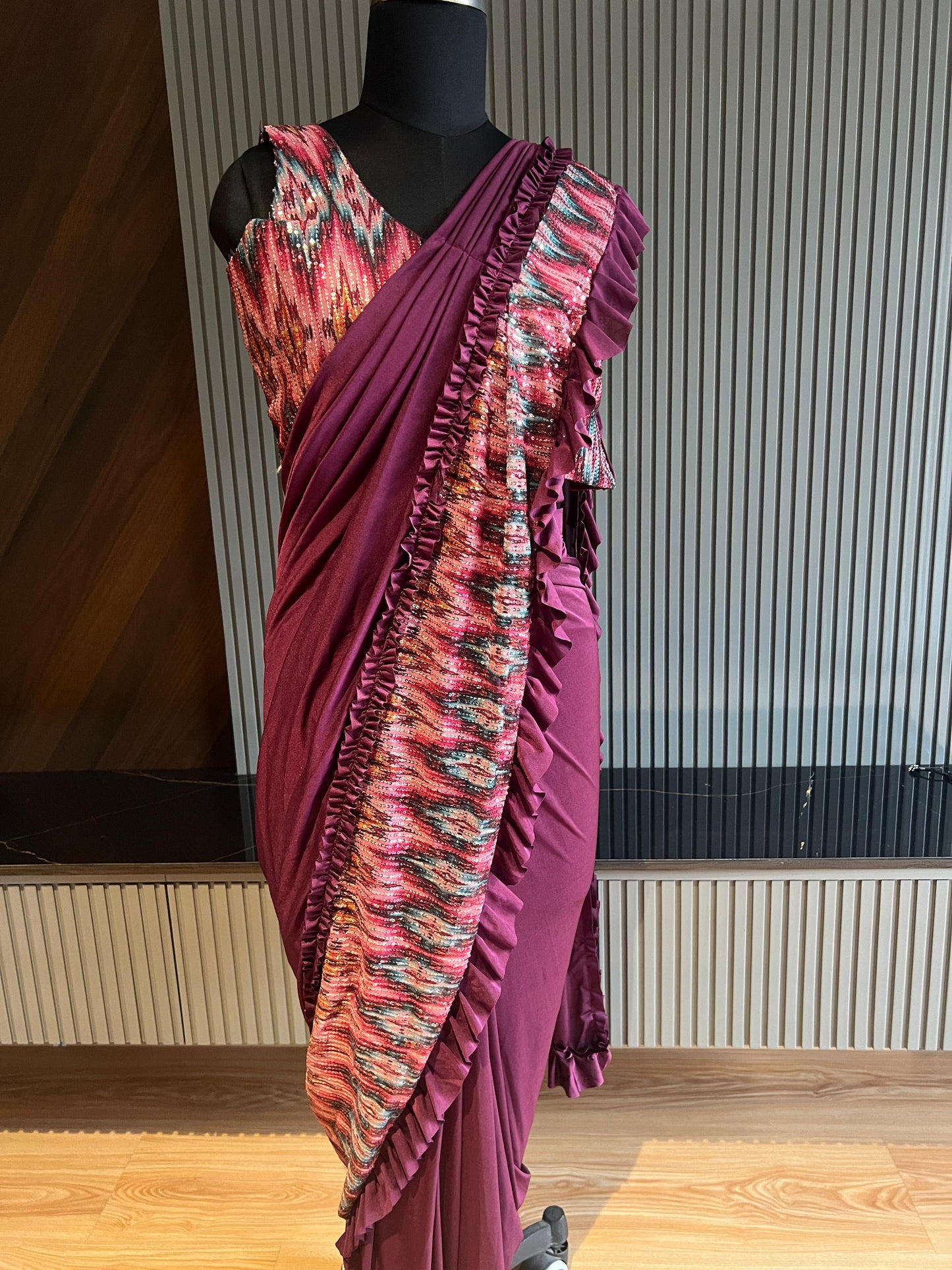 purple, ruffled pattern, ikat weave border, lycra ,pre-draped saree