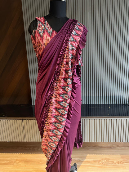 Purple, Ruffled Pattern, Ikat weave border, Lycra ,Pre-draped saree