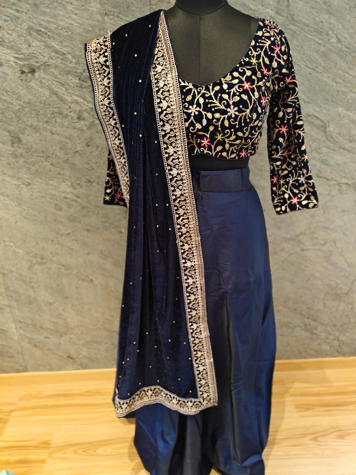 deep blue silk and velvet skirt blouse set with velvet dupatta