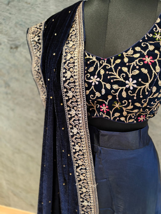 Deep blue Silk and Velvet Skirt blouse set with velvet dupatta