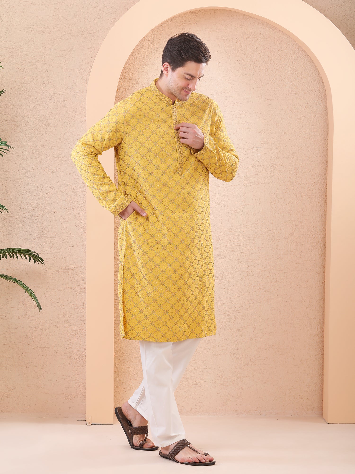  yellow stylish kurta pajama set.